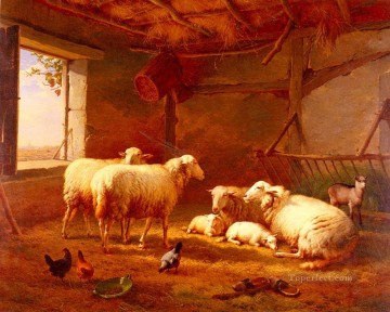 Ovejas con gallinas y una cabra en un granero Eugene Verboeckhoven animal Pinturas al óleo